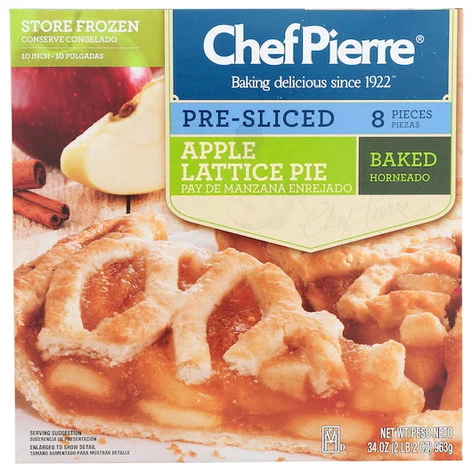 Chef Pierre Apple Lattice Pre-Sliced 8 Slices 10 Inch Pie 2.125 Pound Each - 6 Per Case.