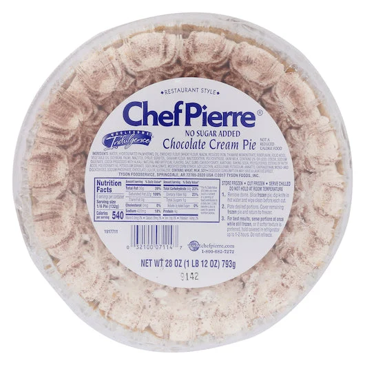 Chef Pierre No Sugar Added Chocolate Cream 10 Inch  Pie 1.75 Pound Each - 6 Per Case.