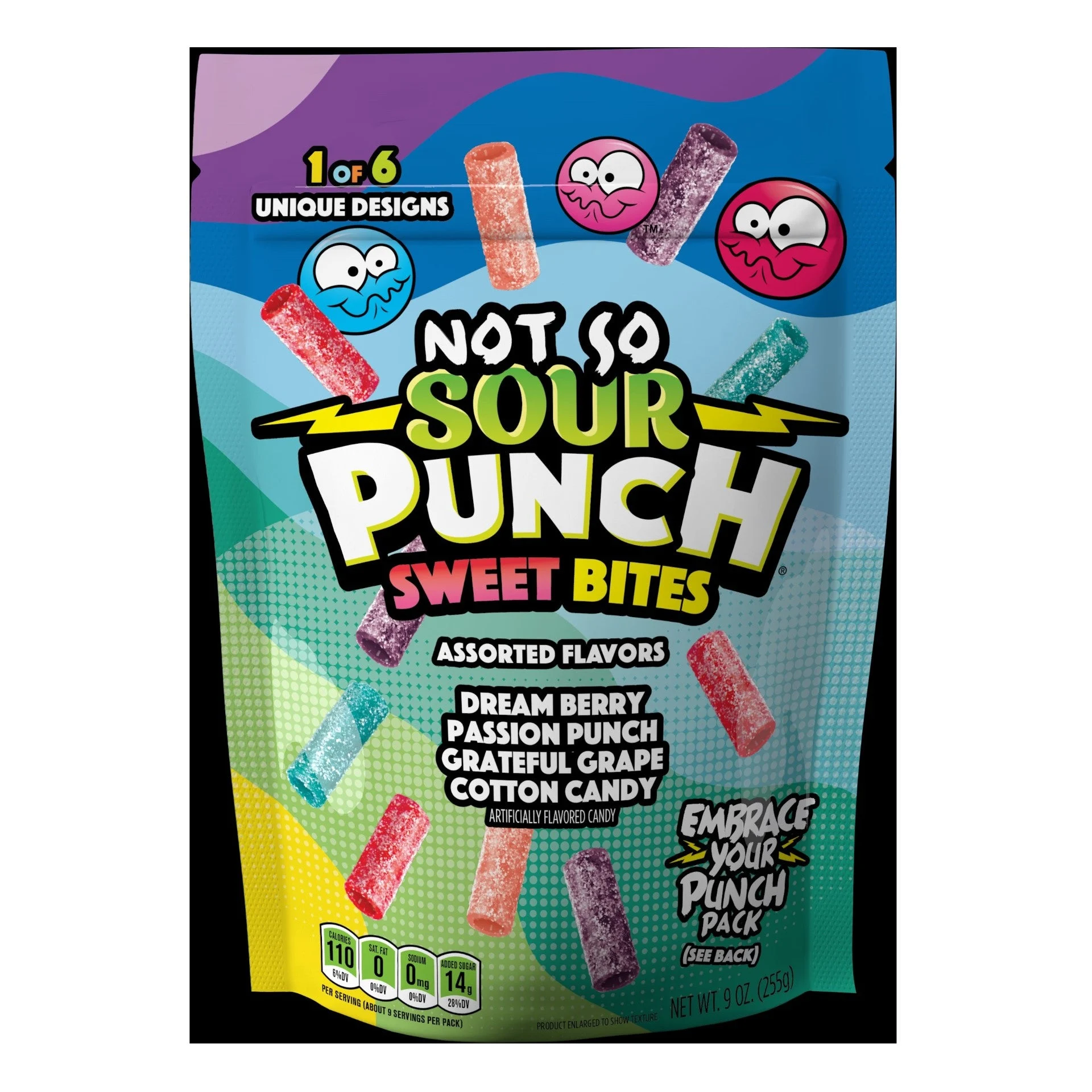 Sour Punch Sweet Bites Assorted Flavors Dream Berry Passion Punch Grateful Grape Cot 9 Ounce Size - 12 Per Case.