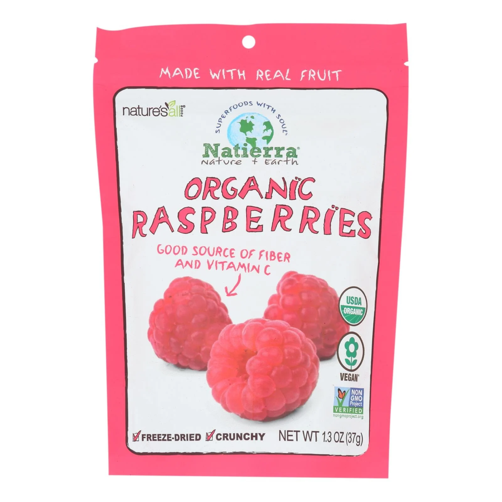 Natierra Freeze Dried - Raspberries - Case of 12 - 1.3 Ounce.