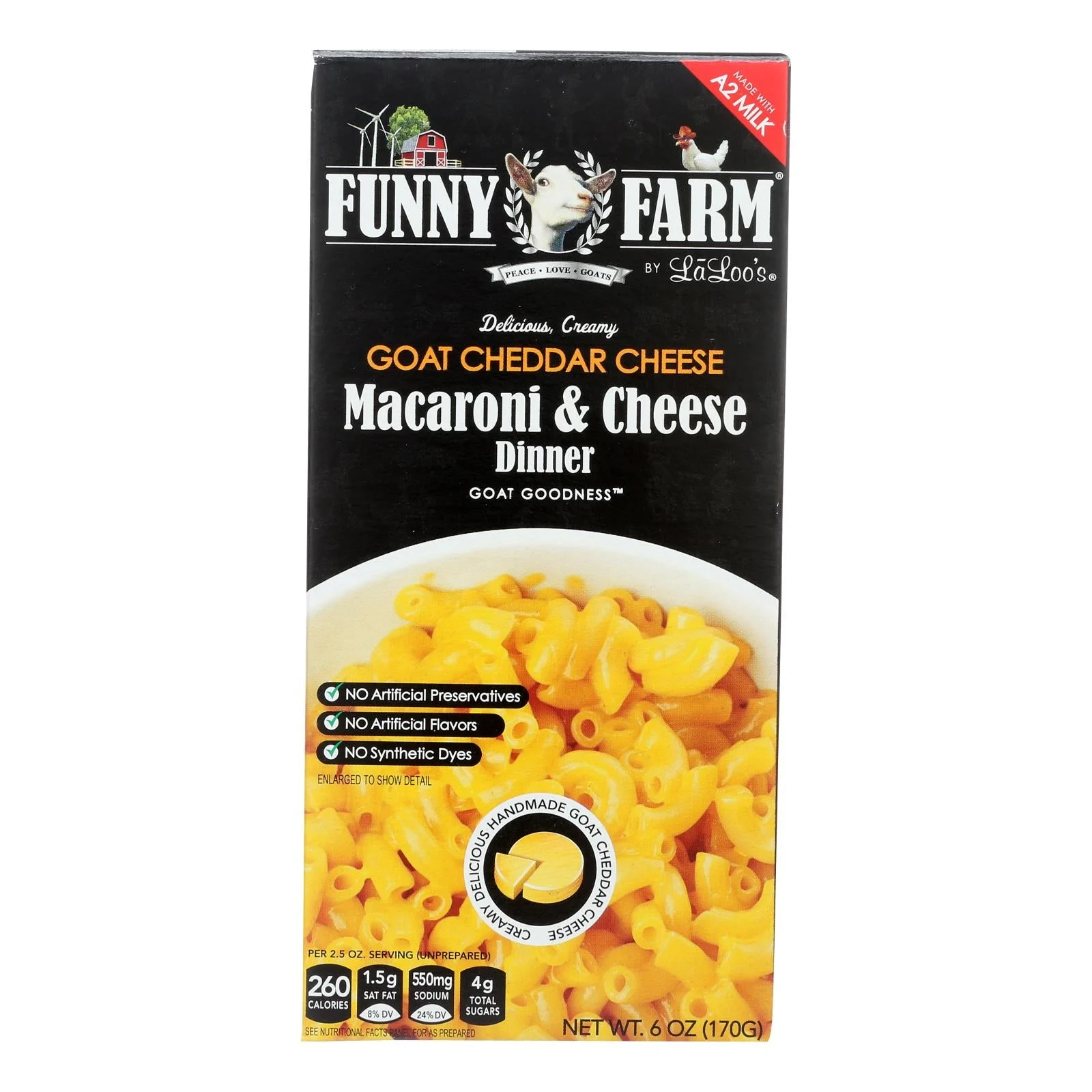 Funny Farm By La Loo's Goat Cheddar Cheese Macaroni & Cheese Dinner - Case of 8 - 6 Ounce