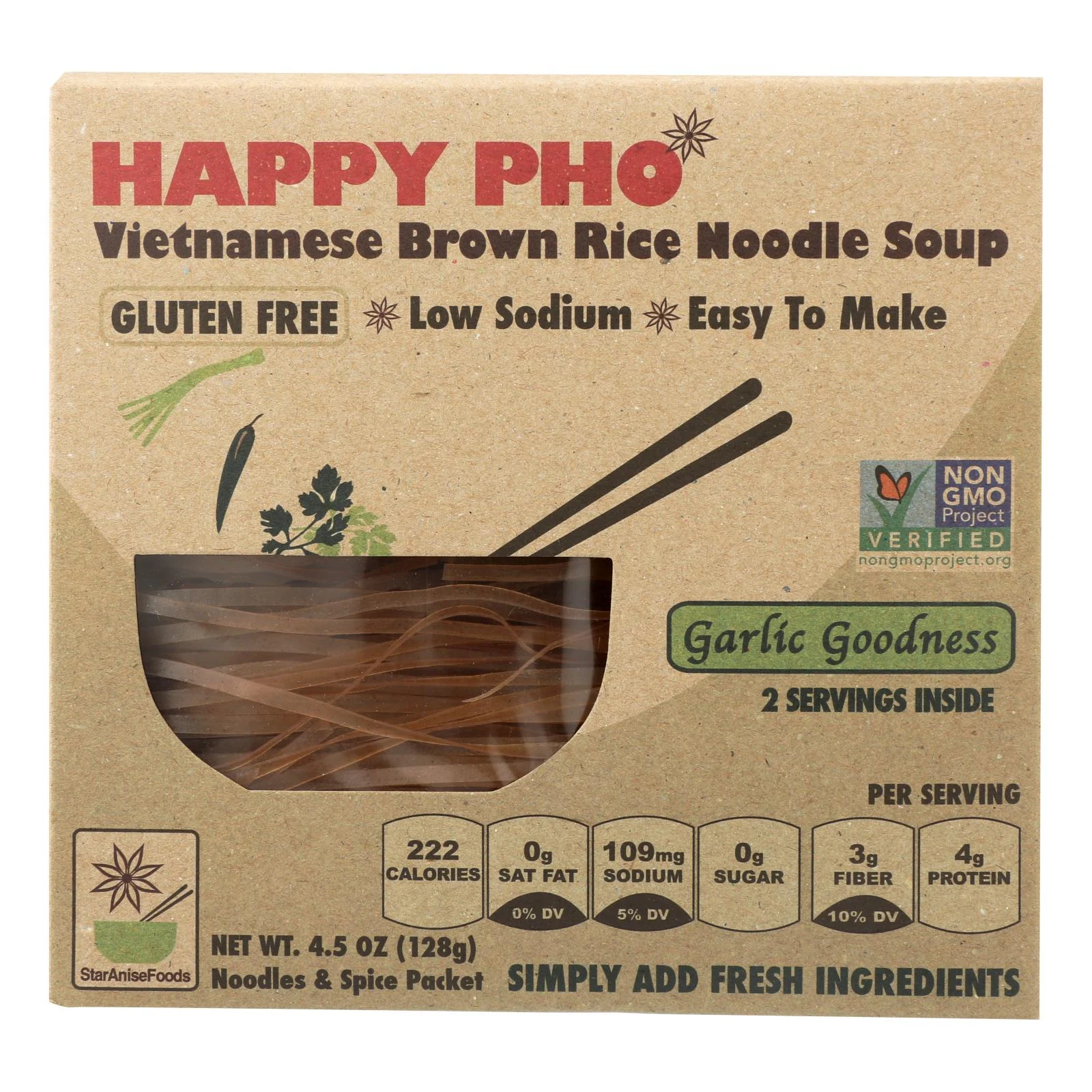 Happy Pho Brown Rice Noodle Soup Mix, Garlic Goodness - Case of 6 - 4.5 Ounce