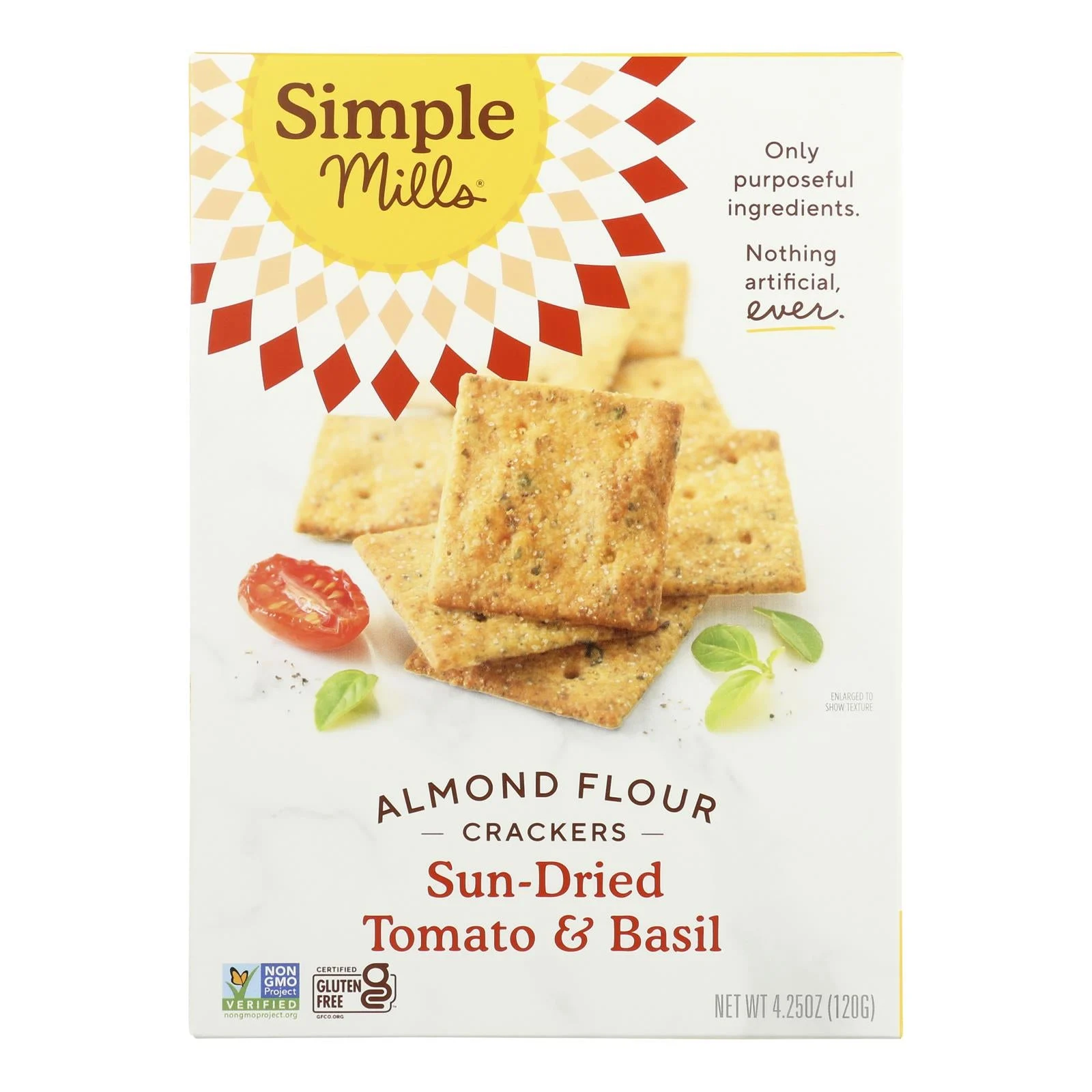 Simple Mills Sun Dried Tomato and Basil Almond Flour Crackers - Case of 6 - 4.25 Ounce.