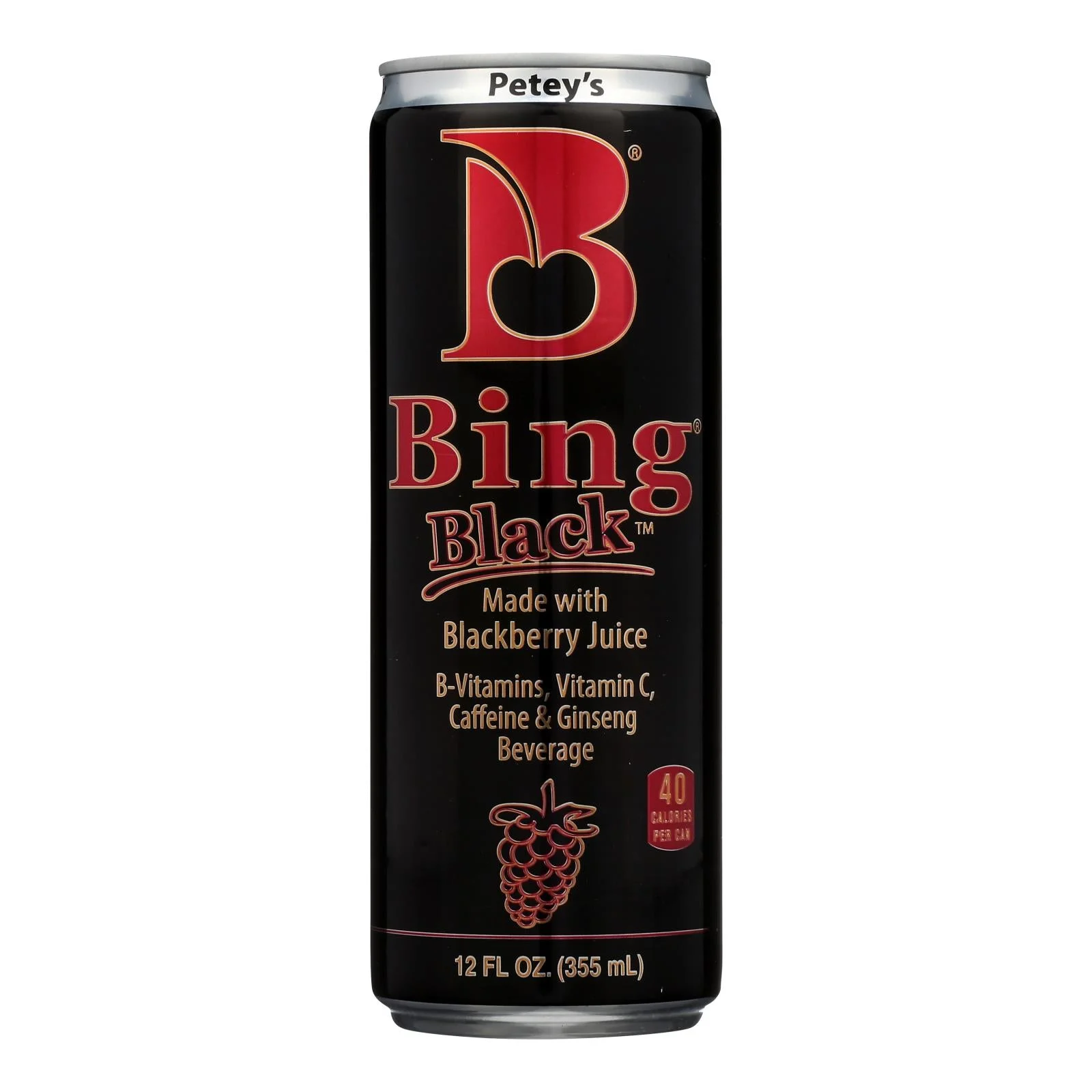 Petey's Bing Black B-Vitamins Vitamin C Caffeine & Ginseng Beverage - Case of 24 - 12 Fluid Ounce