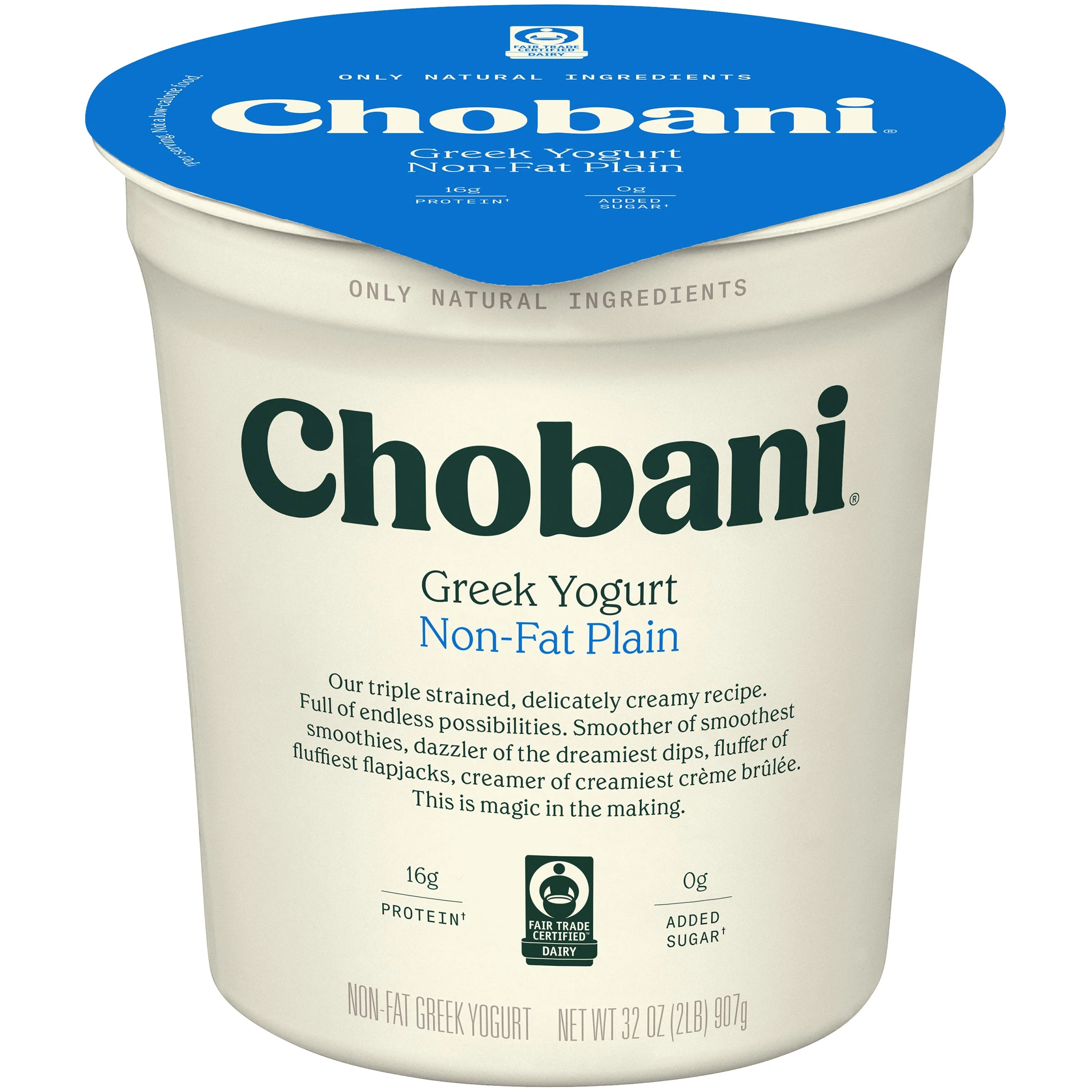 Chobani Non Fat Plain Greek Yogurt 32 Ounce Size - 6 Per Case.