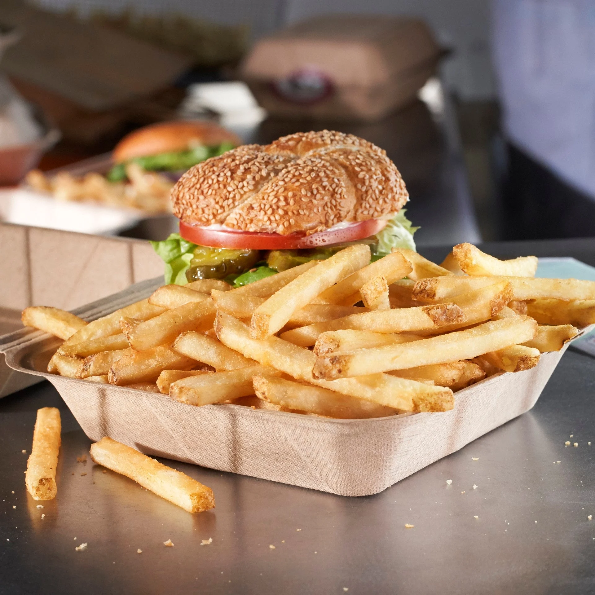 Crispycoat Fries 8 Inch Regular Cut Skin On Crispy On Delivery Fries Frozen Frenchfried Pota 5 Pound Each - 6 Per Case.