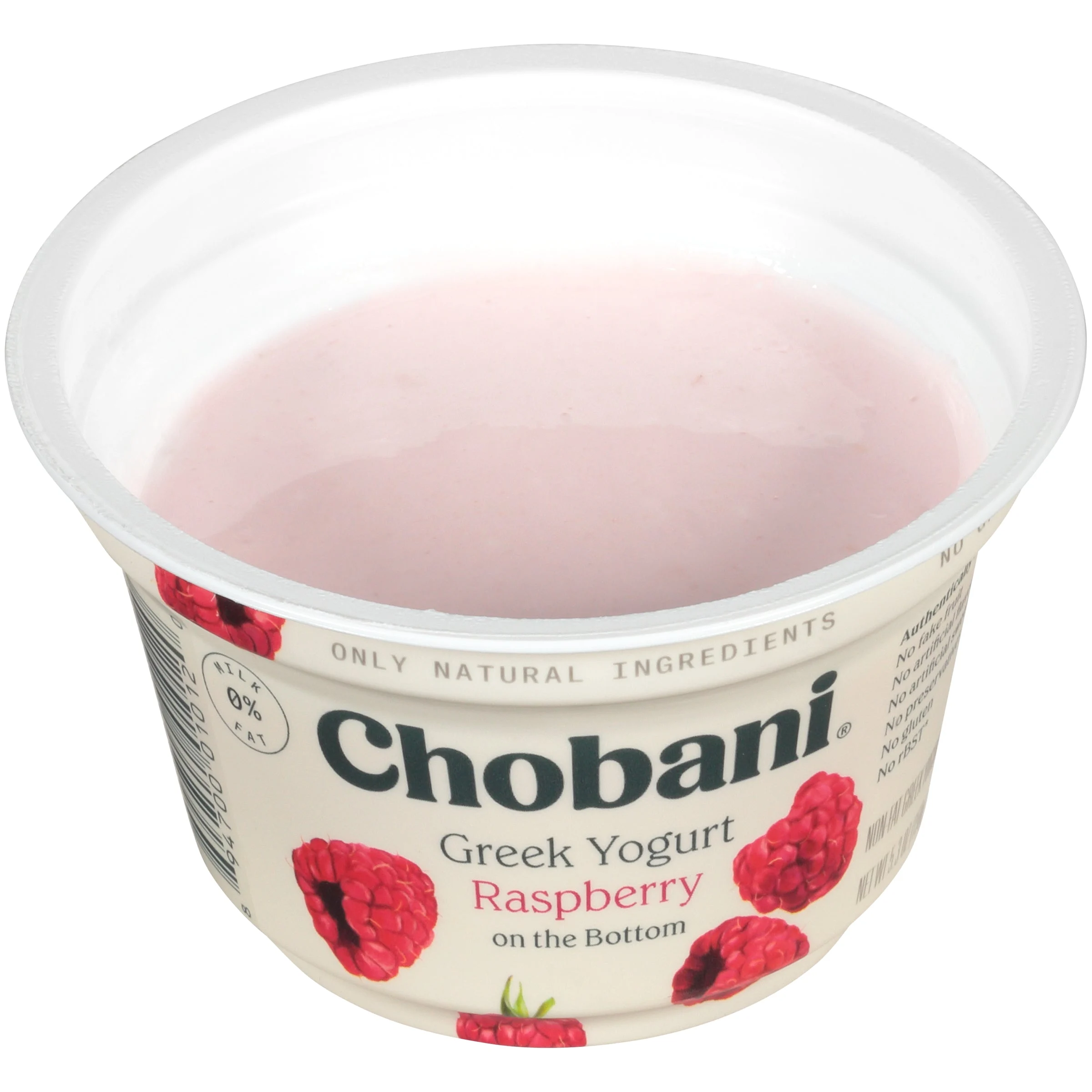 Chobani Non Fat Greek Yogurt Raspberry Onthe Bottom 5.3 Ounce Size - 12 Per Case.
