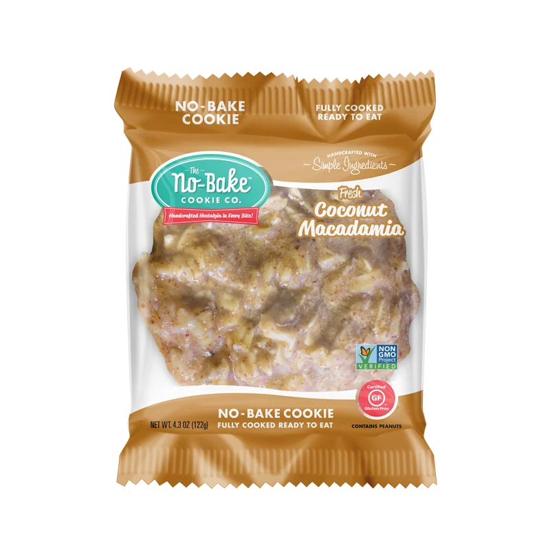 The No Bake Cookie Co Fresh Coconut Macadamia Large Individually Wrapped 4.3 Ounce Size - 72 Per Case.