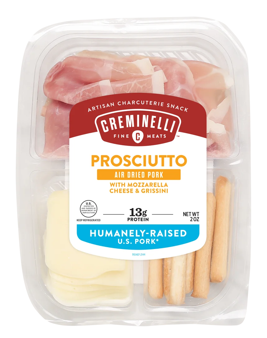 Sliced Prosciutto Mozzarella & Grissini Snack Tray Silky Thin Slices Of All Natural Dome 2 Ounce Size - 12 Per Case.