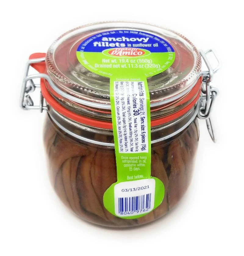 D'Amico Flat Fillets of Anchovies in sunflower oil, 19.4 oz Jar