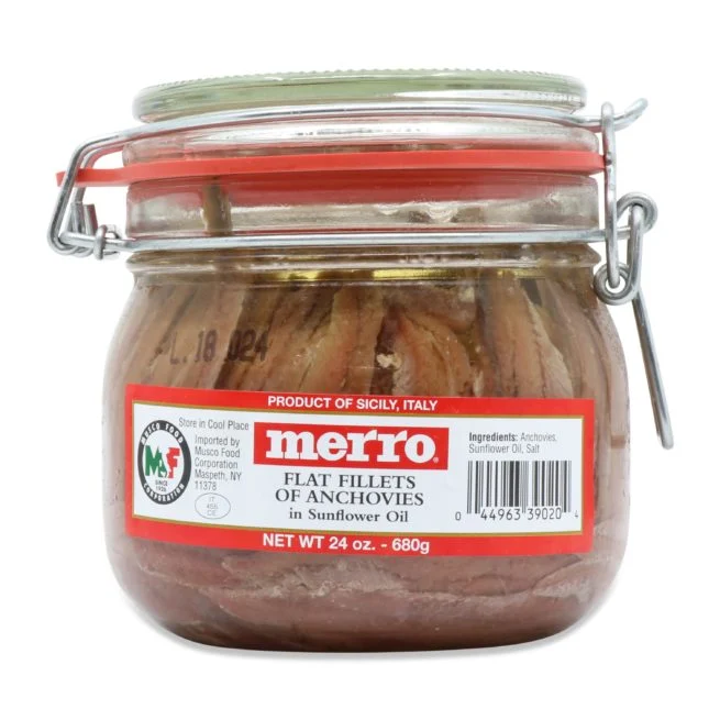 Merro Fillets of Anchovies in sunflower oil, 24 oz - 680g Mason Jar