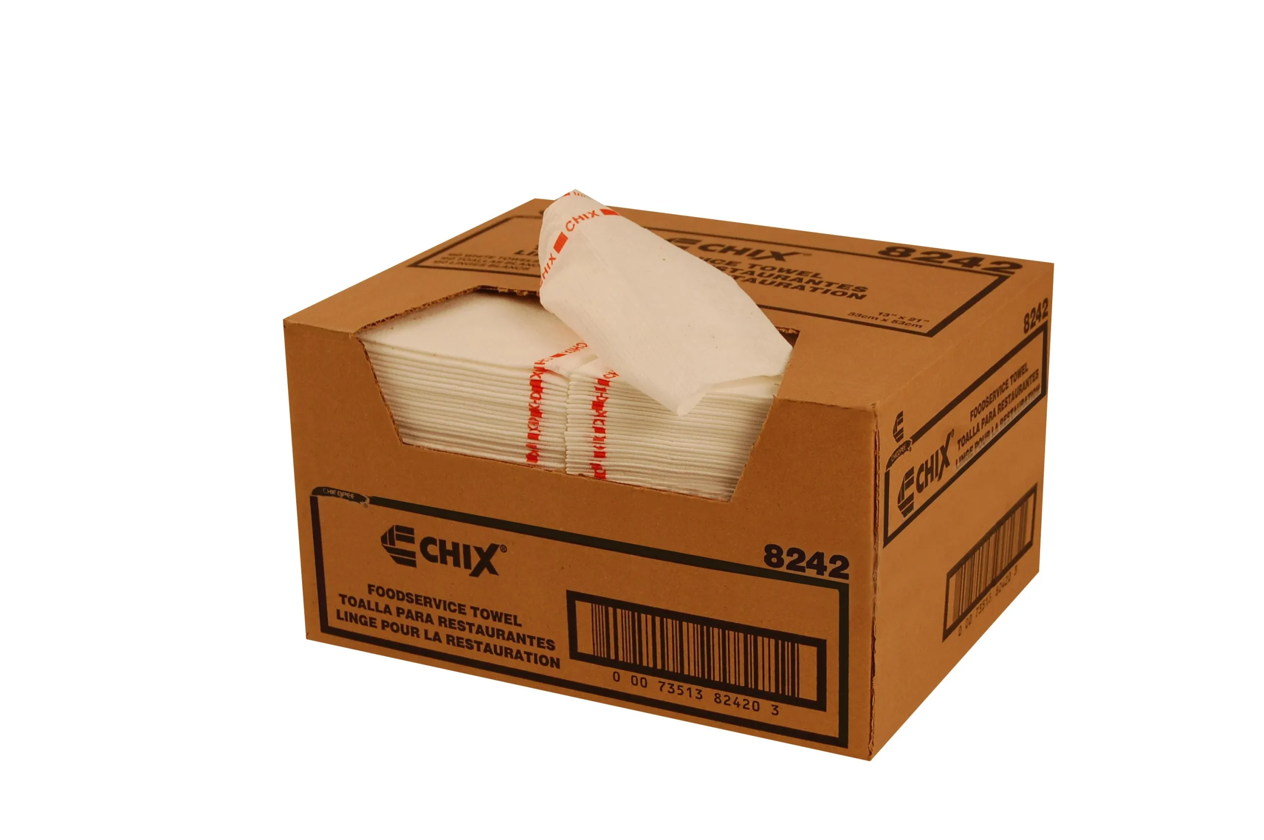 8242  Chix Foodservice Towel  Medium Duty  White W/ Red Print  13"X21"