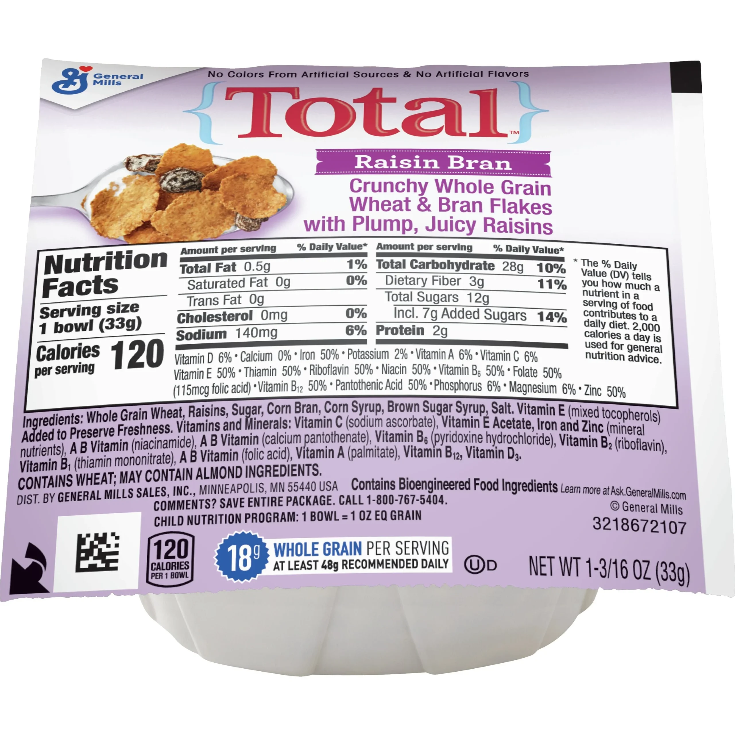 Total Raisin Bran Cereal Single Serve Bowlpak 1.19 Ounce Size - 96 Per Case.