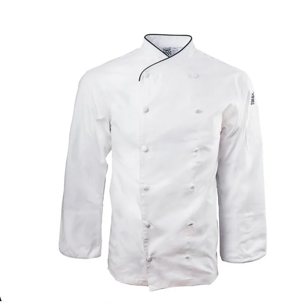 Jacket, Chef, Long Sleeve, Corporate, White with Black Piping, Medium, Poly/Cotton Blend,1 - 1 EACH