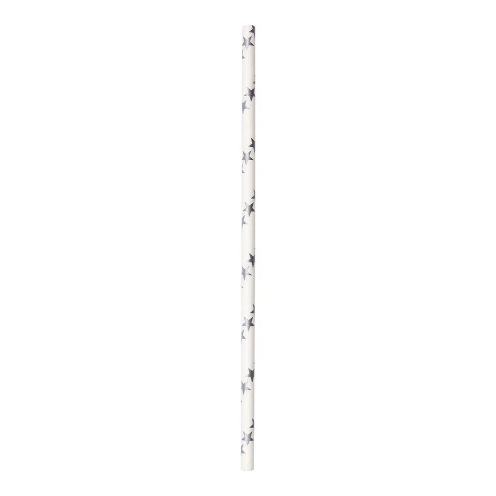 Straws, 7.75 Inch, Paper, White, with Metallic Silver Shooting Stars, Biodegradeable,1 - 100 COUNT