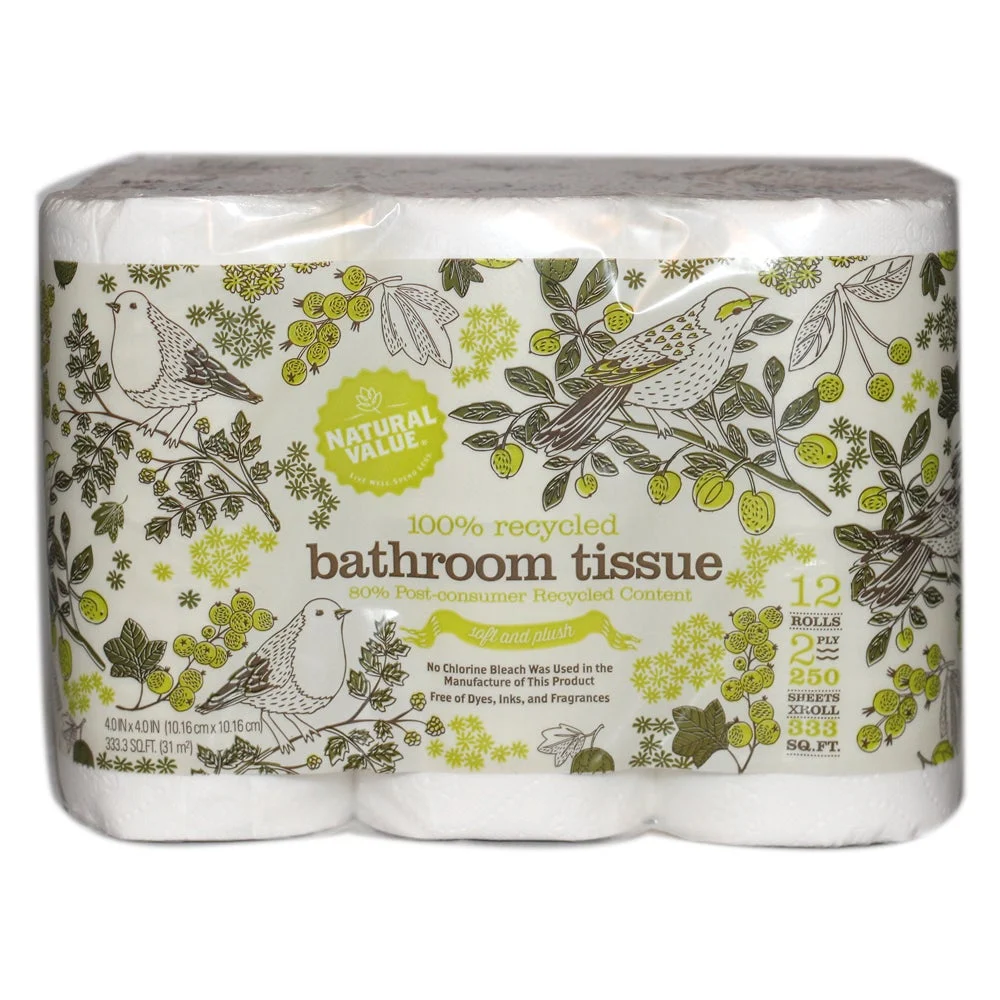 Toilet Tissue, 2-Ply, White, 4 x 4 Inch Sheets, 80% Recylced Content,4 - 12 COUNT