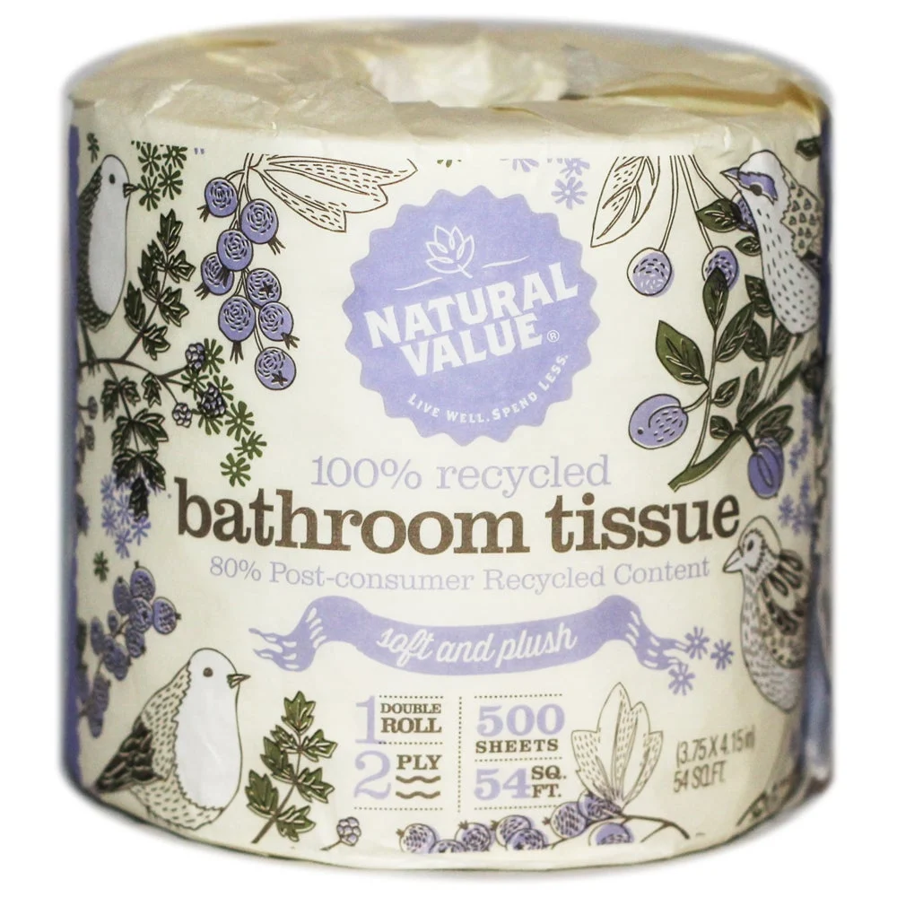 Toilet Tissue, 2-Ply, White, 3.75 x 4.15 Inch Sheets, 80% Recylced Content, Individually Wrapped,45 - 500 COUNT