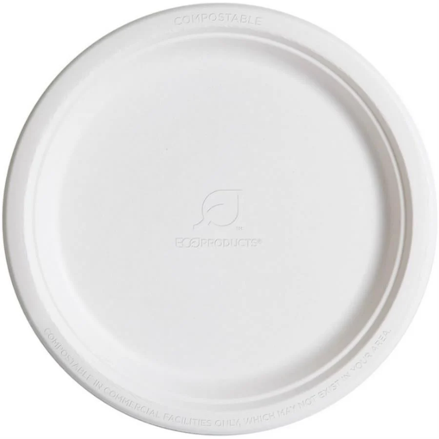 Plates, Food, 10 Inch, Paper, White, Round, Sugarcane, Renewable & Compostable,500 - 1 EACH