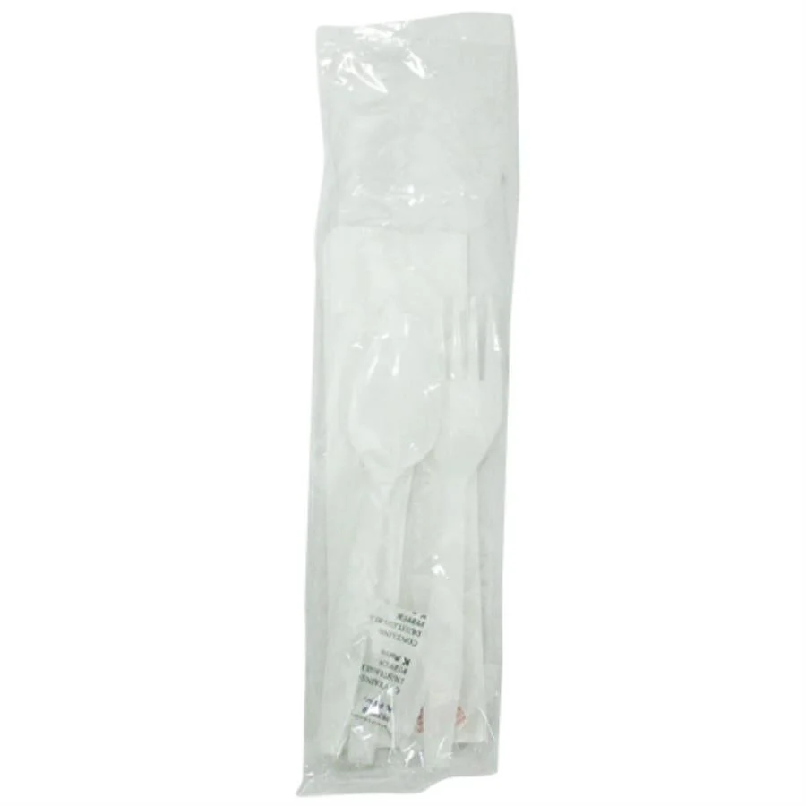Cutlery Kits, Fork/Knife/Spoon, Medium-Weight Plastic, White, with Napkin/Salt/Pepper, Individually-Wrapped,250 - 1 EACH
