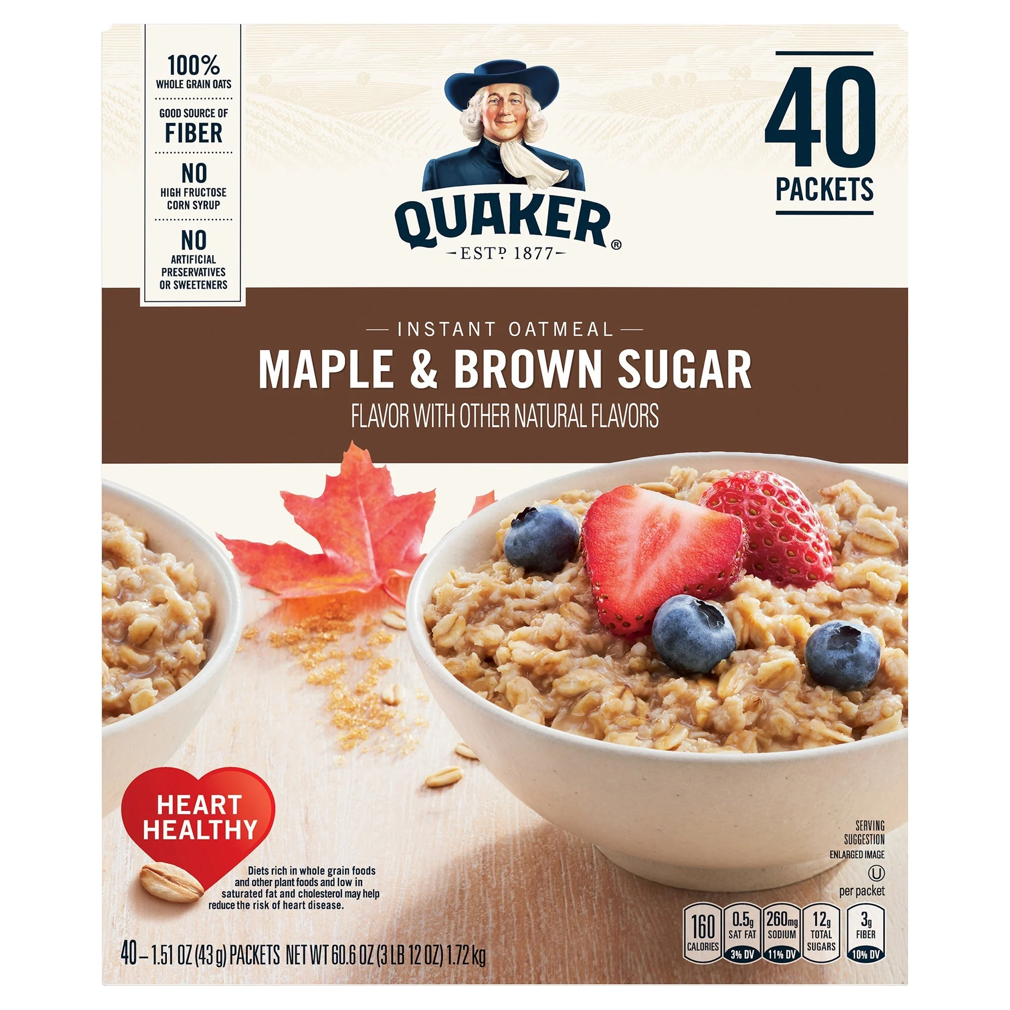 Oatmeal, Maple & Brown Sugar, Instant, Single-Serve Packets,40 - 1 EACH