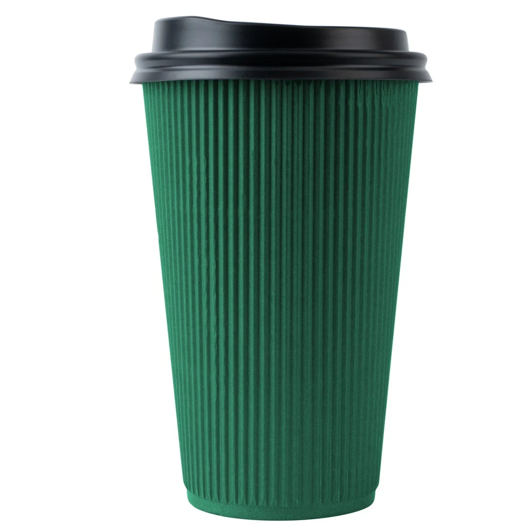 Cups, Hot, 16 Ounce, Paper, Forest Green, Ripple Wall, with Black Lid,1 - 200 COUNT