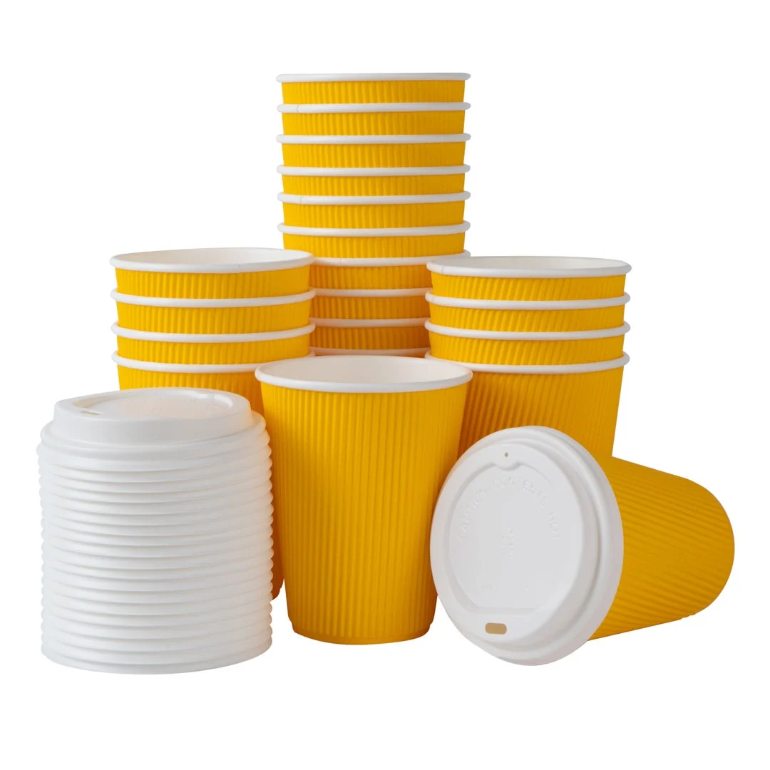 Cups, Hot, 12 Ounce, Paper, Yellow, Ripple Wall, with White Lid,1 - 20 COUNT