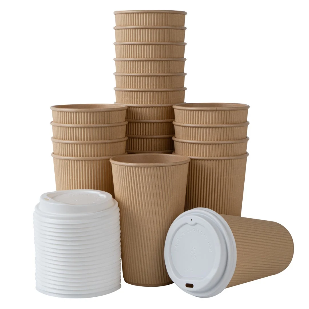 Cups, Hot, 16 Ounce, Paper, Kraft, Ripple Wall, with White Lid,1 - 20 COUNT