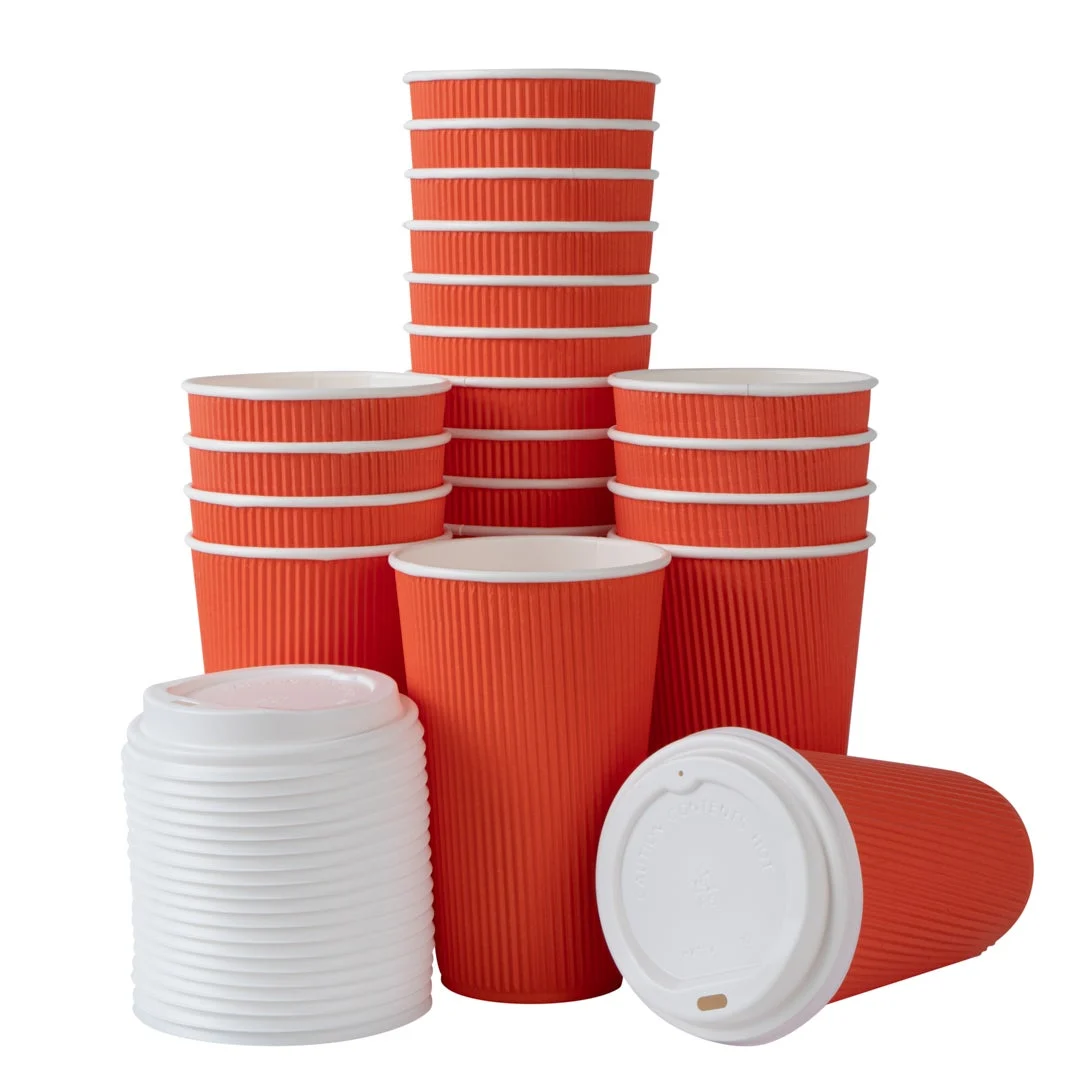 Cups, Hot, 16 Ounce, Paper, Tangerine, Ripple Wall, with White Lid,1 - 20 COUNT