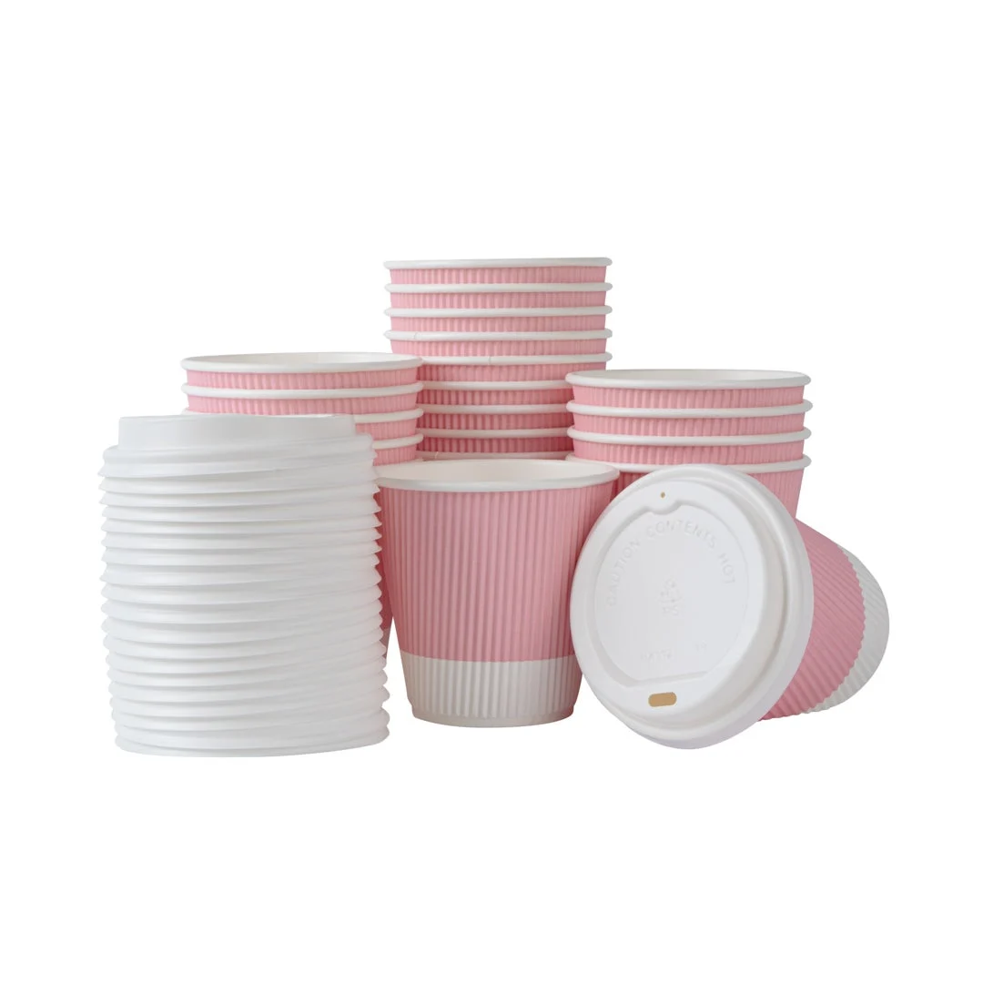 Cups, Hot, 8 Ounce, Paper, Light Pink, Ripple Wall, with White Lid,1 - 400 COUNT
