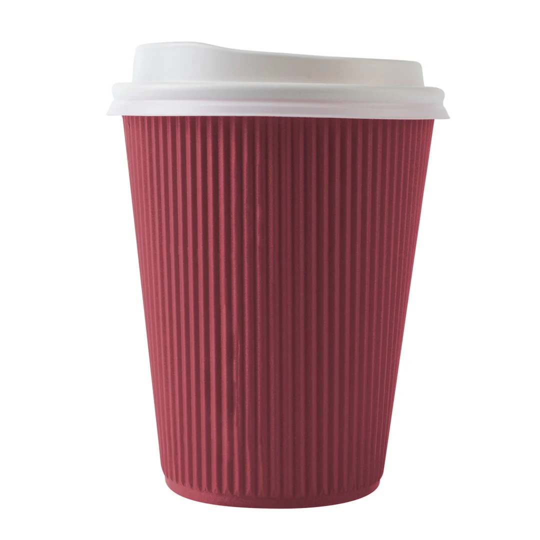 Cups, Hot, 12 Ounce, Paper, Crimson, Ripple Wall, with White Lid,1 - 20 COUNT