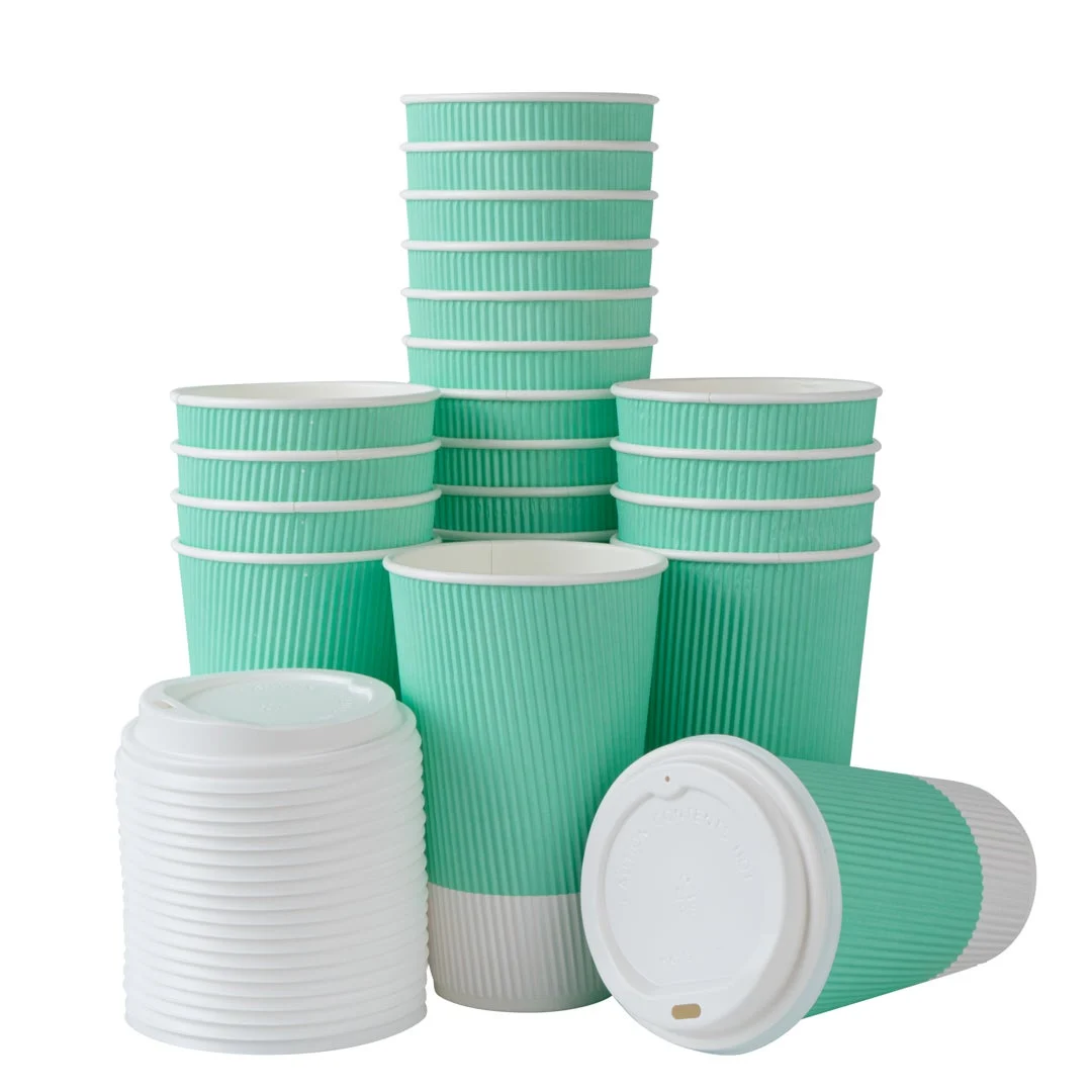 Cups, Hot, 16 Ounce, Paper, Light Green, Ripple Wall, with White Lid,1 - 20 COUNT