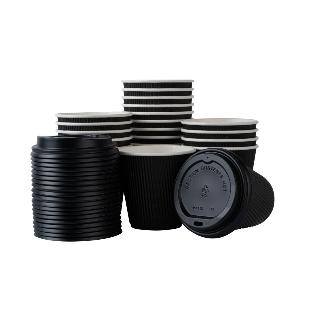 Cups, Hot, 8 Ounce, Paper, Black, Ripple Wall, with Black Lid,1 - 20 COUNT