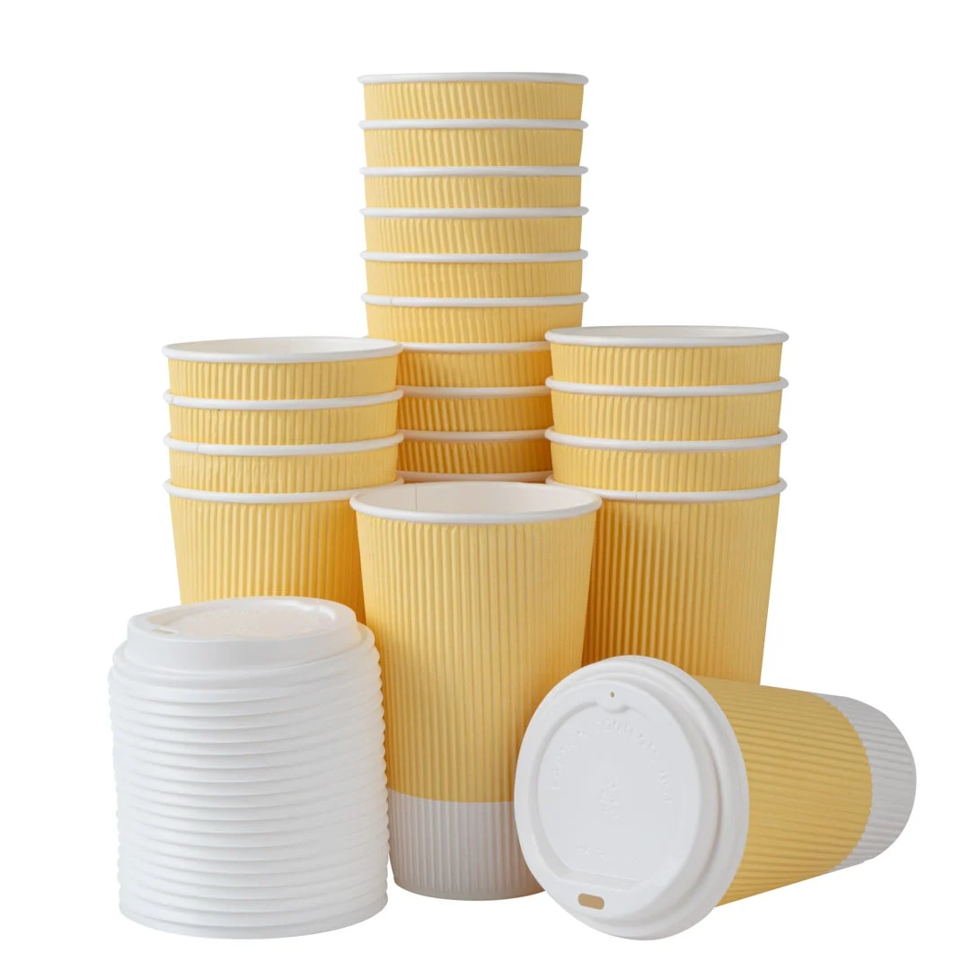 Cups, Hot, 16 Ounce, Paper, Light Yellow, Ripple Wall, with White Lid,1 - 20 COUNT