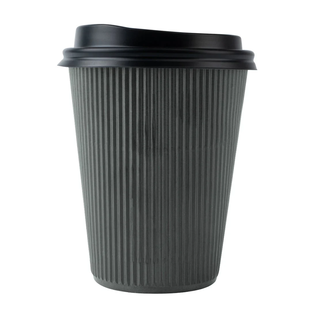 Cups, Hot, 12 Ounce, Paper, Gray, Ripple Wall, with Black Lid,1 - 20 COUNT