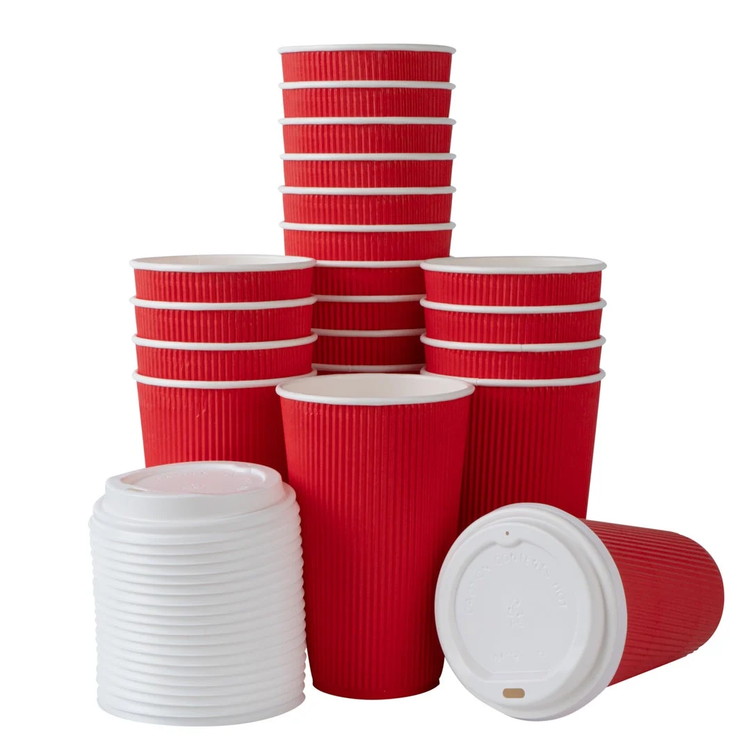 Cups, Hot, 16 Ounce, Paper, Red, Ripple Wall, with White Lid,1 - 20 COUNT