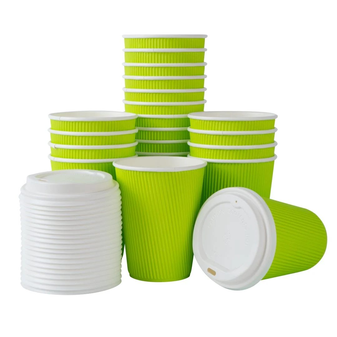 Cups, Hot, 12 Ounce, Paper, Eco Green, Ripple Wall, with White Lid,1 - 20 COUNT