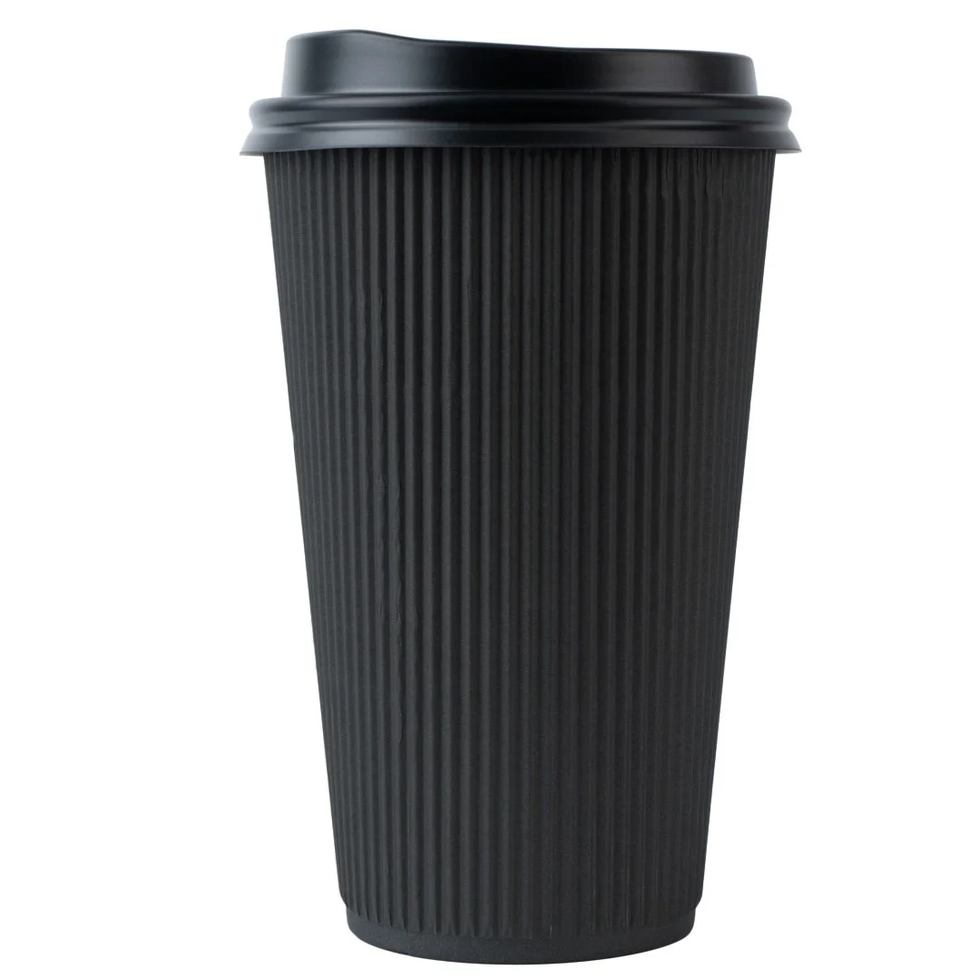 Cups, Hot, 16 Ounce, Paper, Black, Ripple Wall, with Black Lid,1 - 20 COUNT