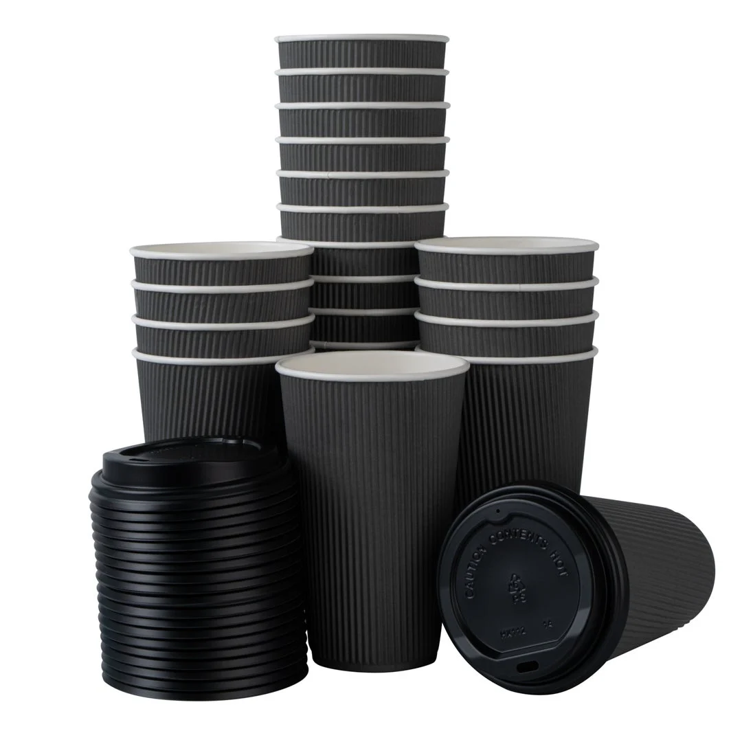 Cups, Hot, 16 Ounce, Paper, Gray, Ripple Wall, with Black Lid,1 - 200 COUNT