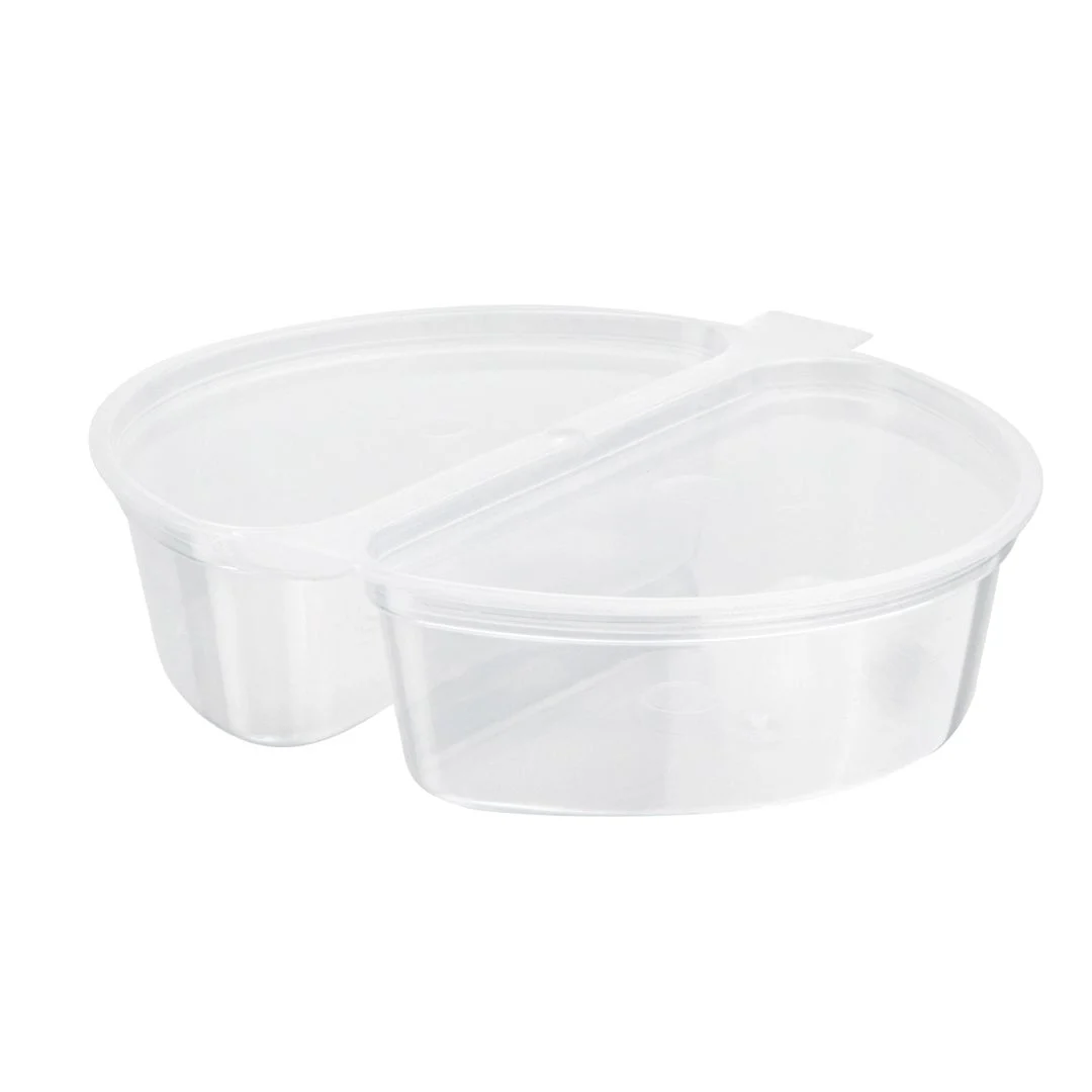 Containers, Snack, 2-Compartment, Microwaveable Plastic, Clear, 6 Ounce, 4 x 3.25 x 1 Inch, Hinged,1 - 500 COUNT