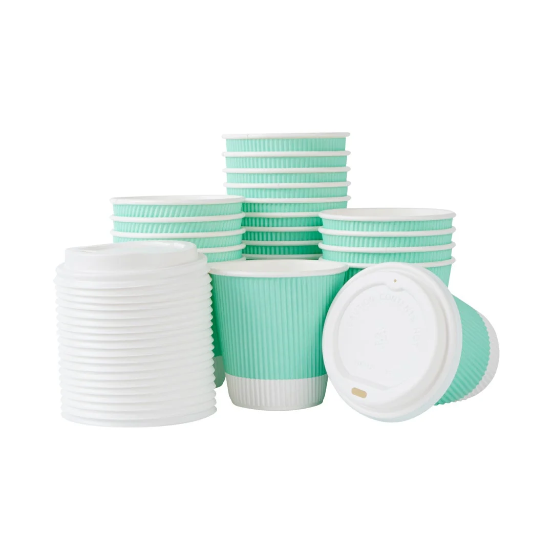 Cups, Hot, 8 Ounce, Paper, Light Green, Ripple Wall, with White Lid,1 - 400 COUNT