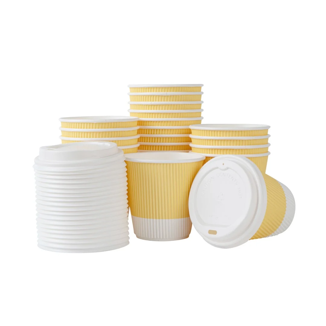Cups, Hot, 8 Ounce, Paper, Light Yellow, Ripple Wall, with White Lid,1 - 400 COUNT