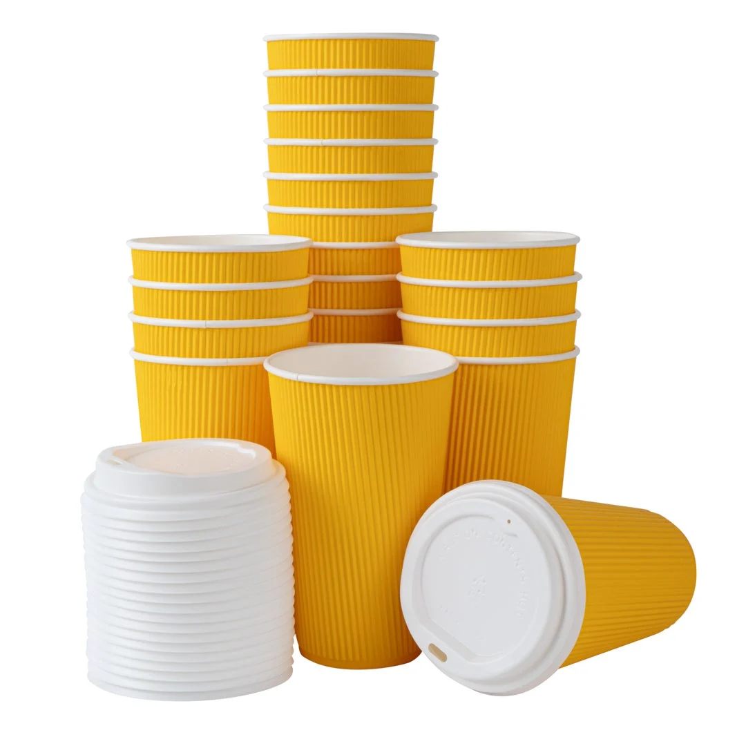 Cups, Hot, 16 Ounce, Paper, Yellow, Ripple Wall, with White Lid,1 - 20 COUNT