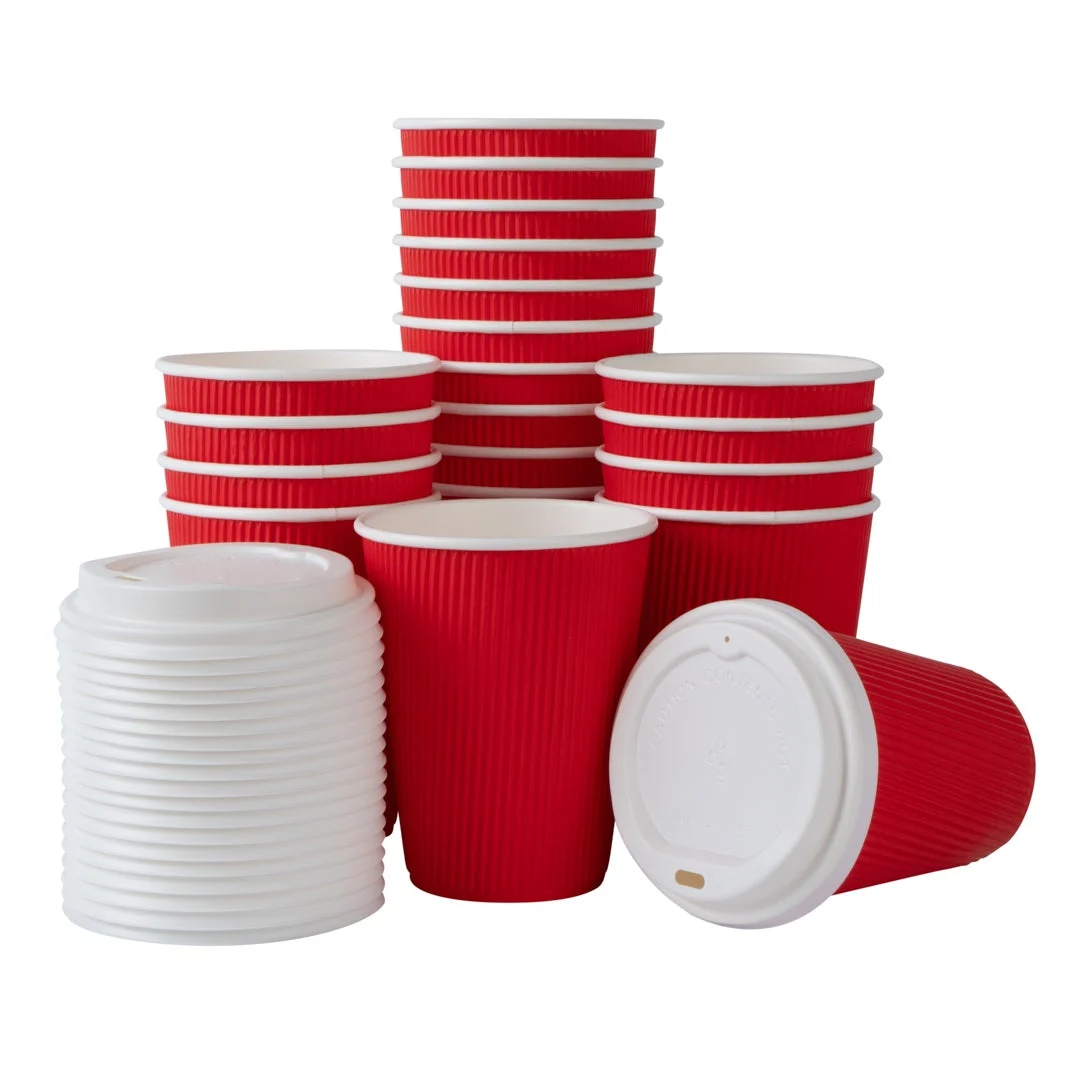 Cups, Hot, 12 Ounce, Paper, Red, Ripple Wall, with White Lid,1 - 20 COUNT