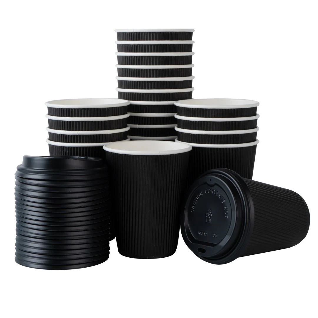 Cups, Hot, 12 Ounce, Paper, Black, Ripple Wall, with Black Lid,1 - 200 COUNT