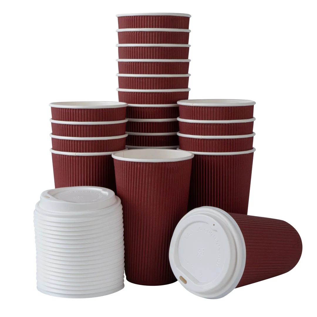 Cups, Hot, 16 Ounce, Paper, Crimson, Ripple Wall, with White Lid,1 - 200 COUNT