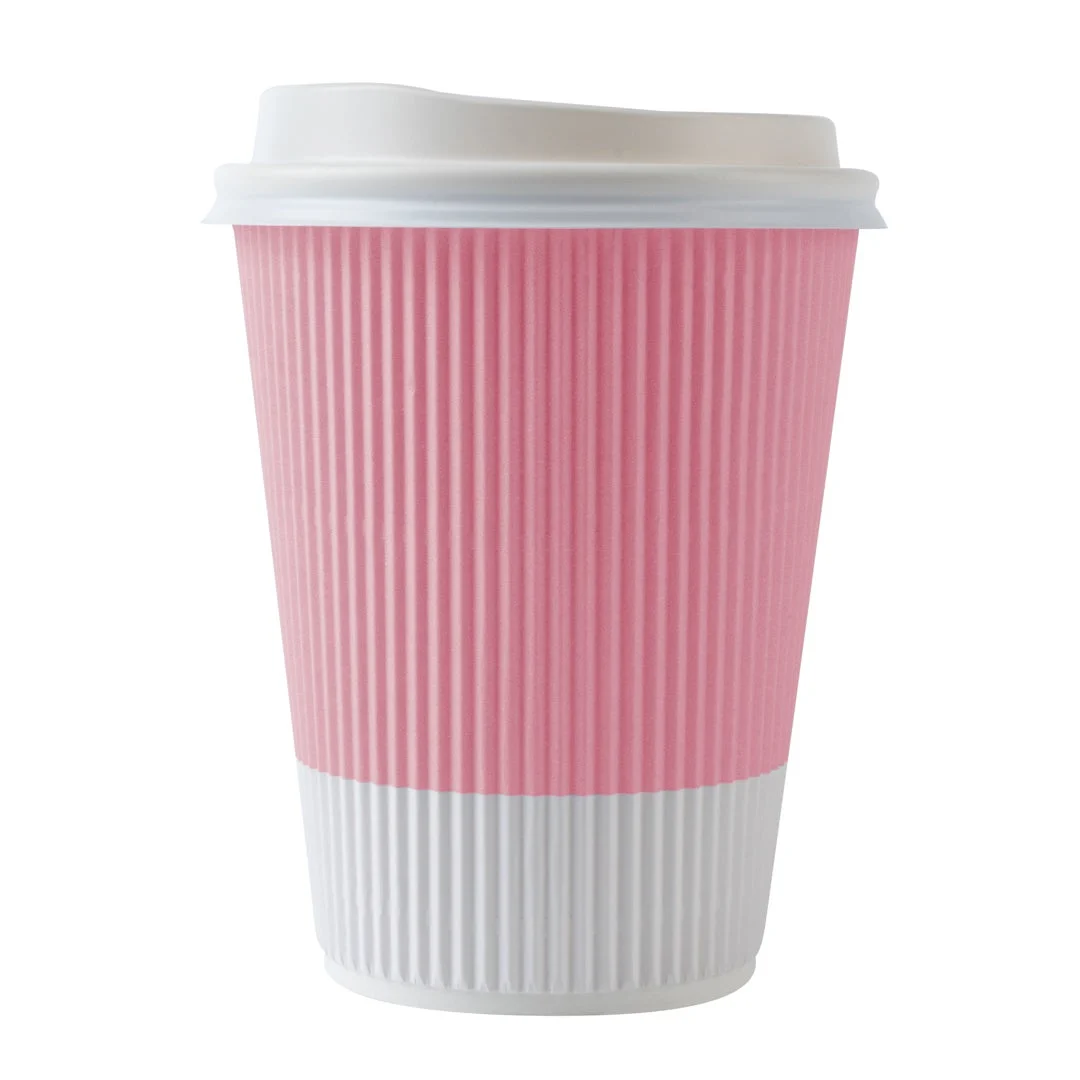 Cups, Hot, 12 Ounce, Paper, Light Pink, Ripple Wall, with White Lid,1 - 20 COUNT