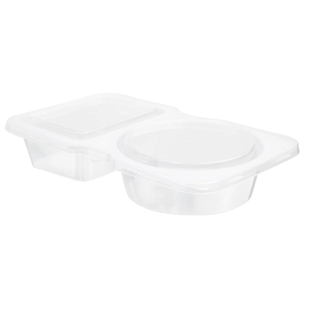 Containers, 2-Compartment, 5 Ounce, Microwavable Plastic, Clear, 4 x 3.25 x 1 Inch, with Hinged Lid,1 - 100 COUNT