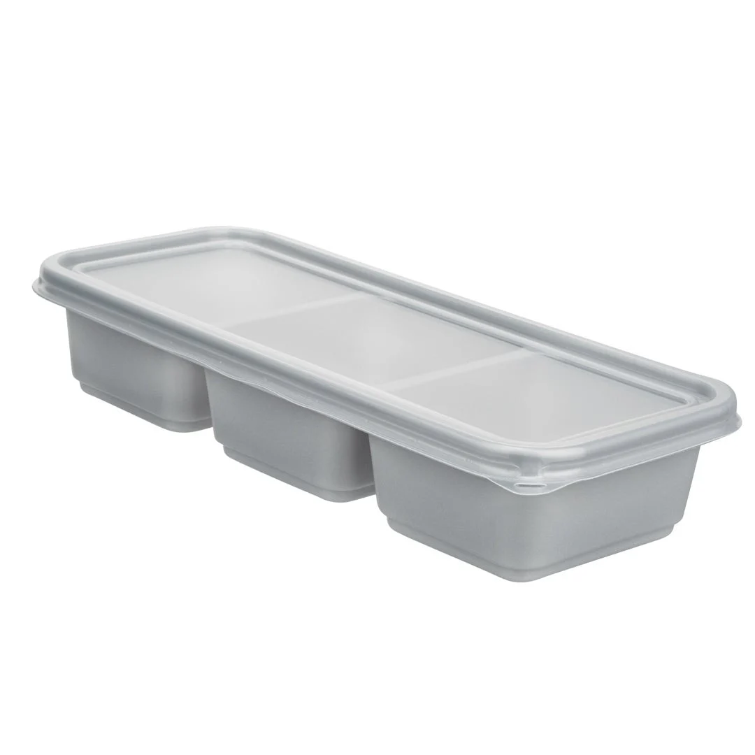 Containers, 3-Compartment, 20 Ounce, Microwavable Plastic, Silver, Rectangular, 8.75 x 3.75 x 1.75 Inch, with Clear Lid,1 - 100 COUNT