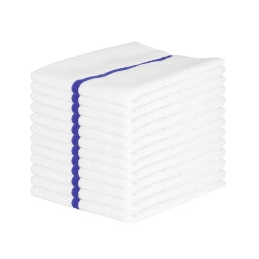Towels, Bar, White with Blue Stripe, Ribbed,1 - 12 COUNT