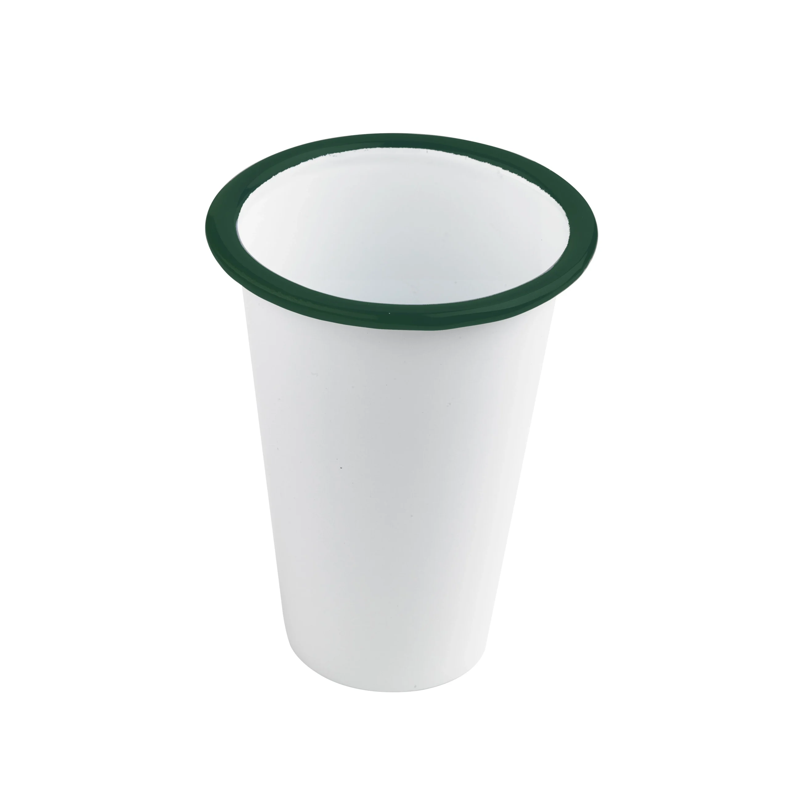 Tumblers, Enamel, 14 Ounce, 3.5 x 3.5 Inch, White, with Green Rim,12 - 1 EACH